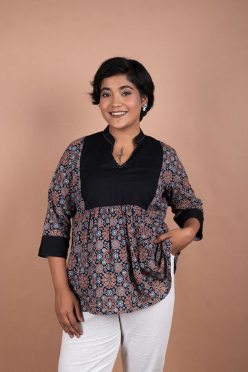 Black Ajrakh Cotton Top with Handloom Yoke Fusion